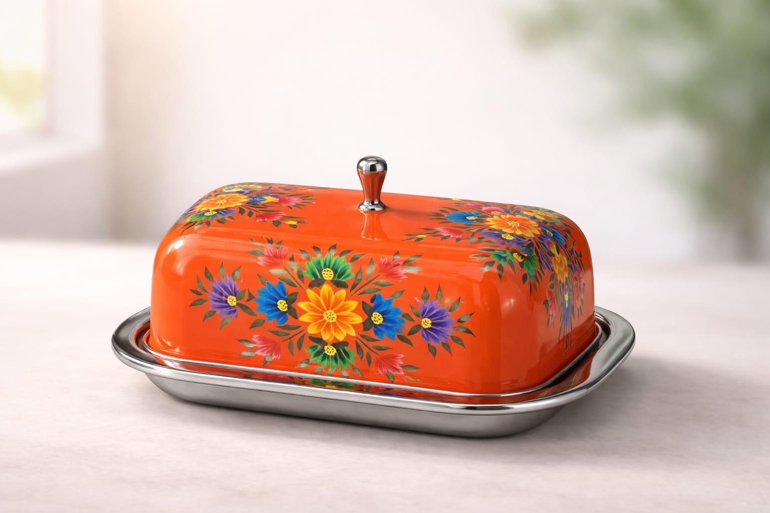 Tangy orange 4.5"×7" Enamel Butter Dish From Kashmir, Beautiful Hand Enamel Painted Floral pattern Butter,Cheese Dish Holds 1 lb of Butter